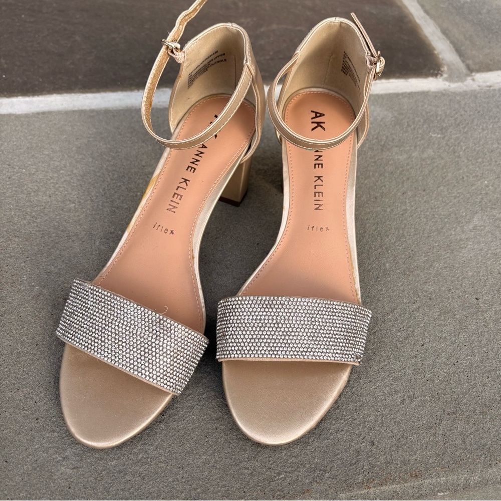 Anne Klein Gold Ankle Strap Block Heel Sandals with Rhinestone Band